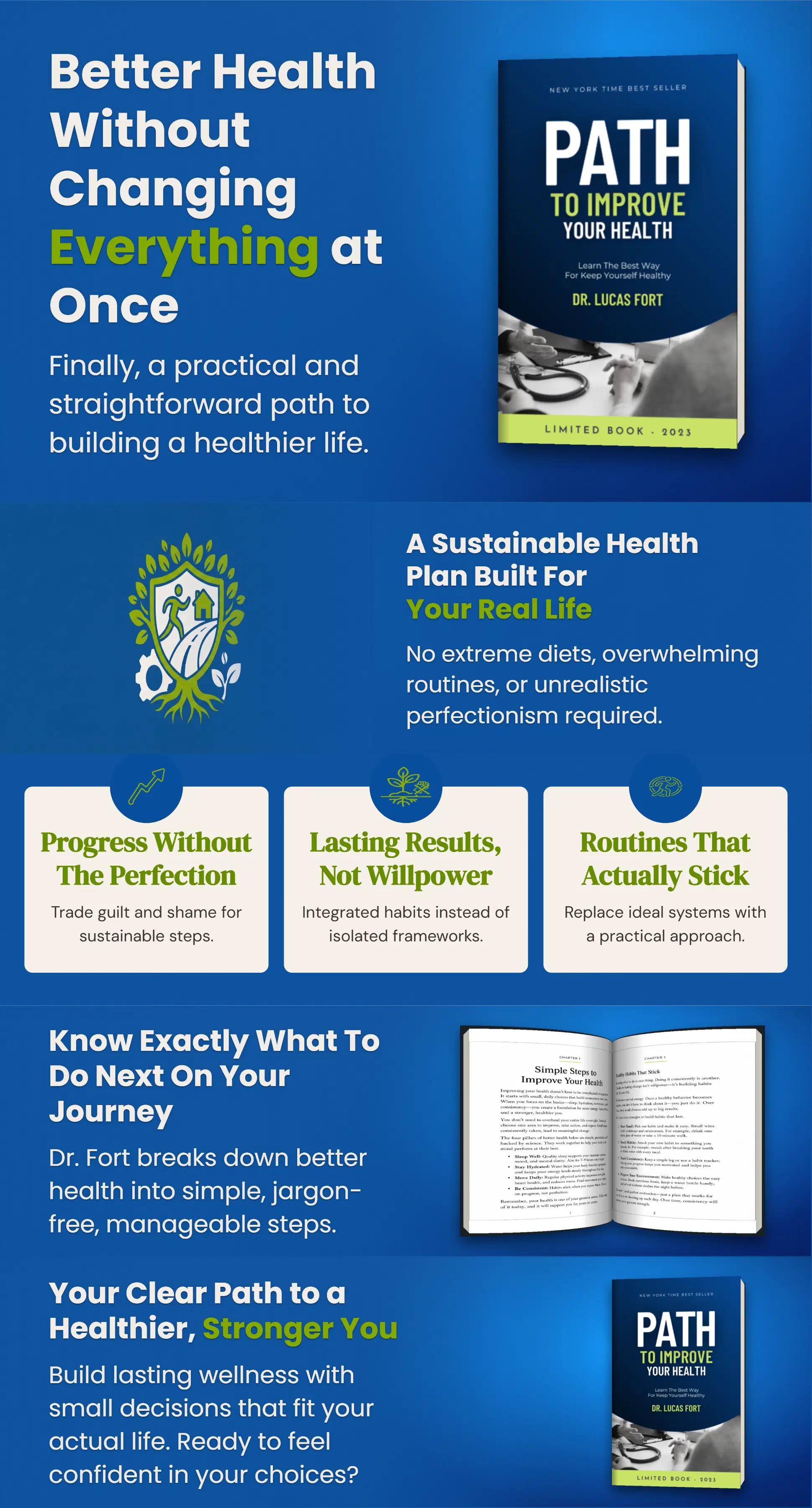 Completed A+ content stack for Path to Improve Your Health, with a blue health-themed layout, book cover, illustrated benefit cards, and sample interior pages.